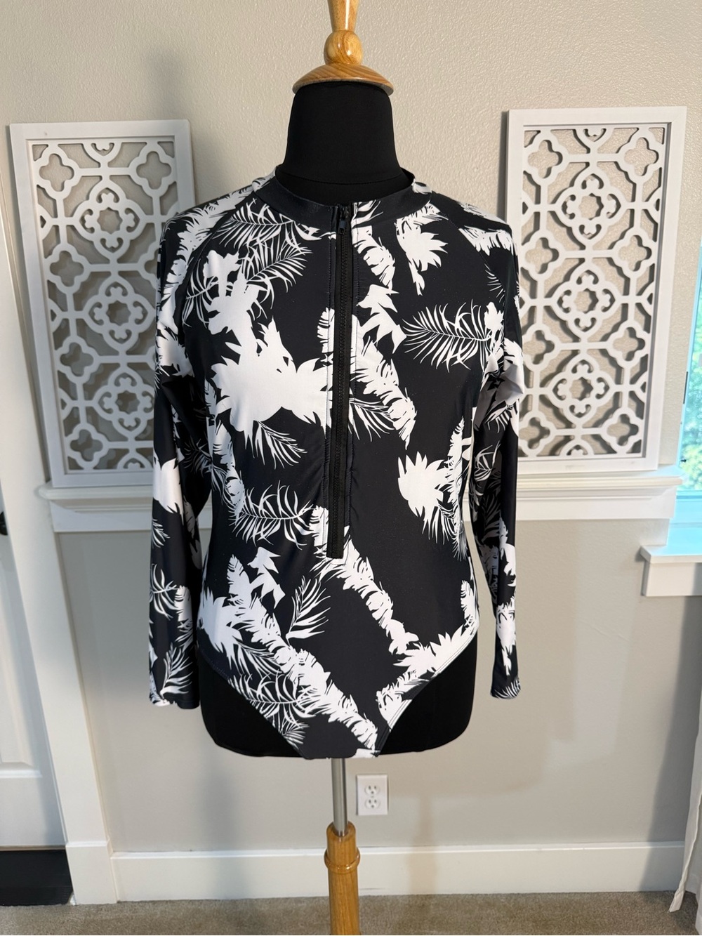Black and White Tropical Zip-Front One-Piece Swim